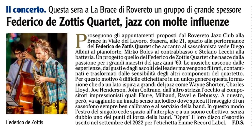 Anteprima: Federico de Zottis Quartet, jazz con molte influenze