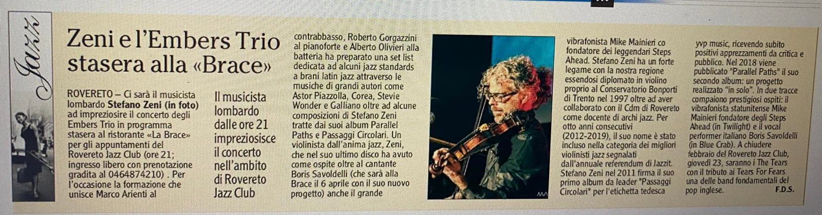 Anteprima: Zeni e l’Embers Trio stasera alla Brace