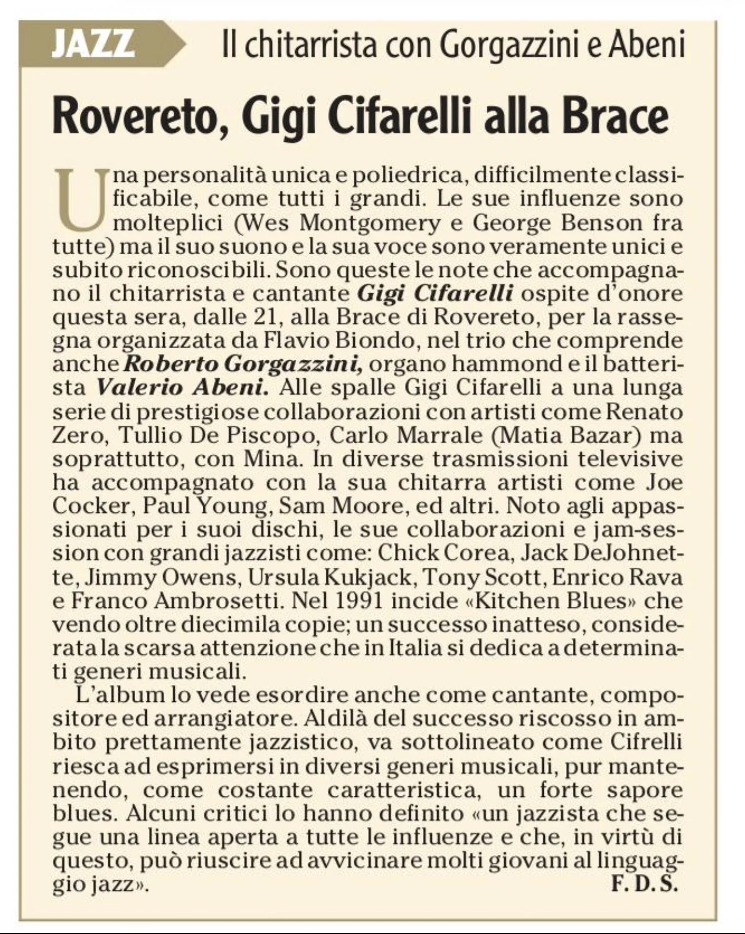 Anteprima: Rovereto, Gigi Cifarelli alla Brace