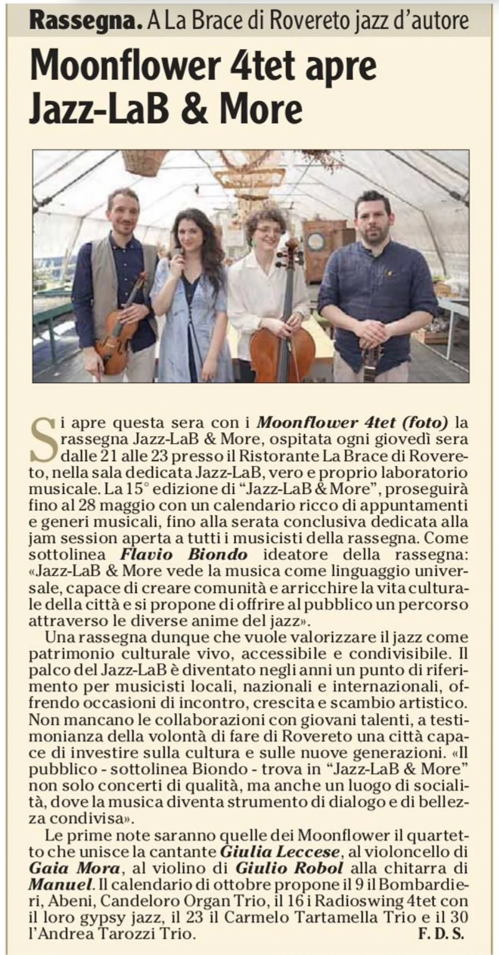 Anteprima: Moonflower 4tet apre Jazz-LaB & More