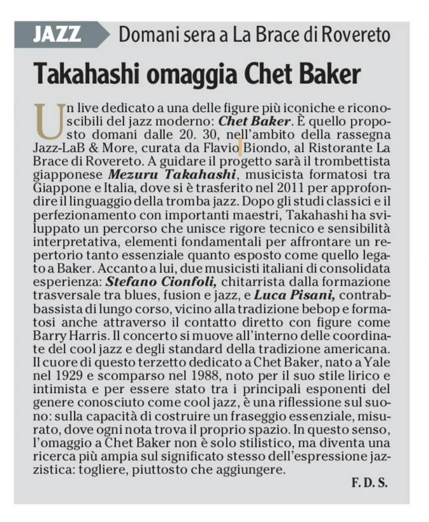 Anteprima: Takahashi omaggia Chet Baker