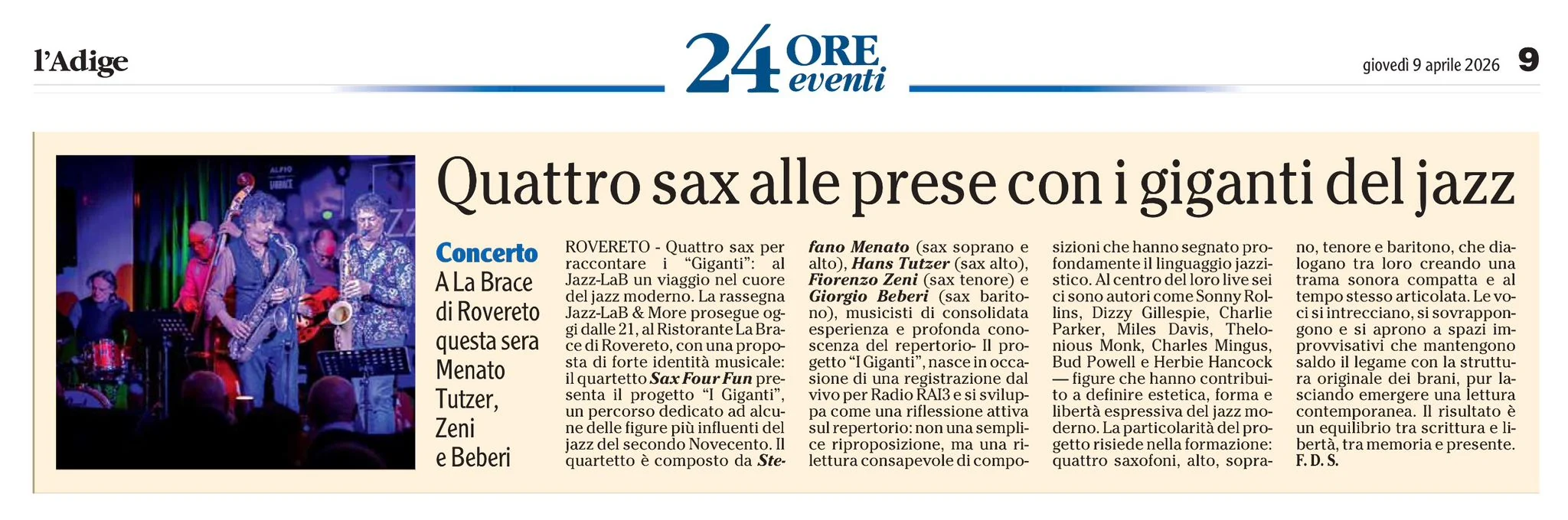 Anteprima: Quattro sax alle prese con i giganti del jazz