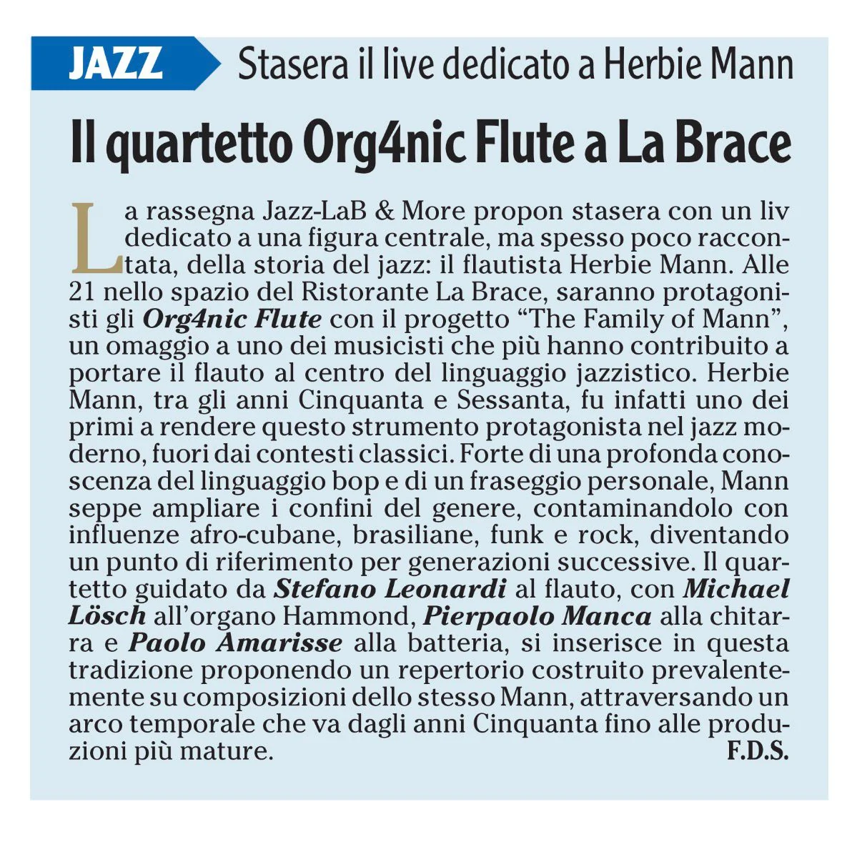 Anteprima: Il quartetto Org4nic Flute a La Brace